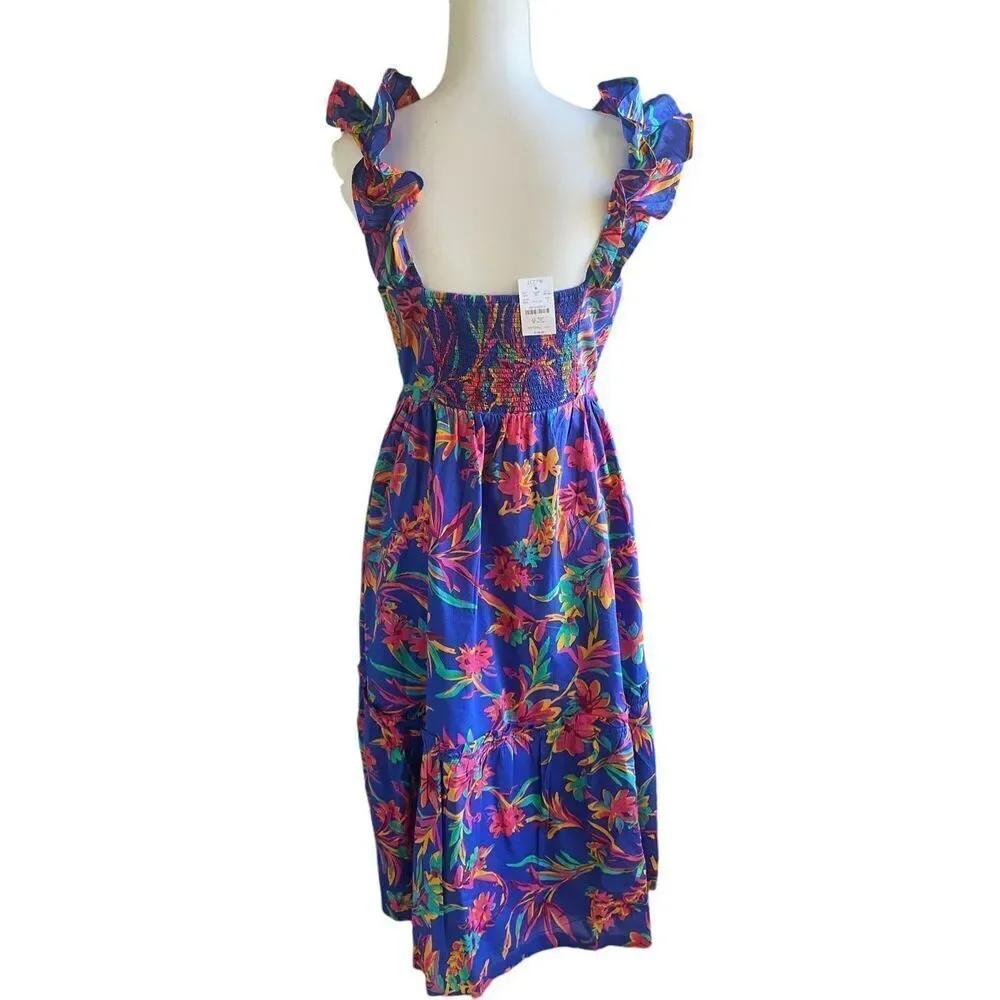 NWT JCrew Floral Tropical Square Neck Midi Dress Blue Size 8 - Picture 4 of 16